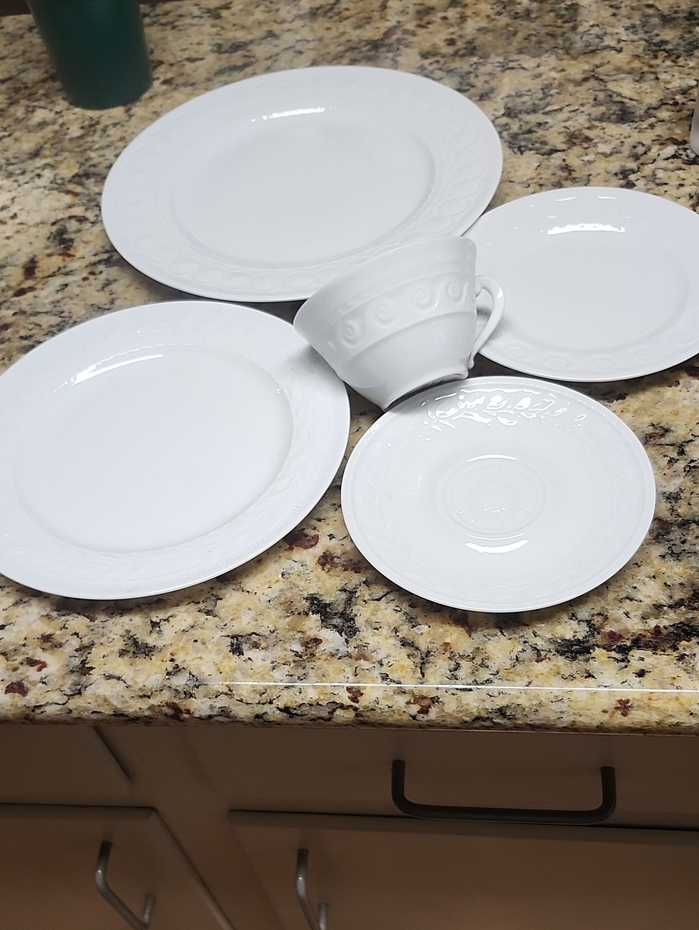 2 new complete Bernardaud Louvre Blanc Porcelain Tea Cup, Saucer & Plates Set